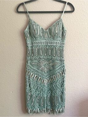 Vintage Sue Wong Nocturne Mint Green Beaded Spaghetti Strap Mini Dress